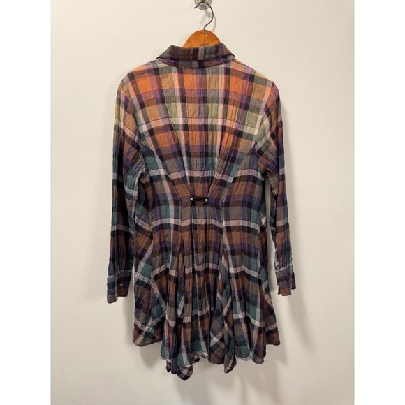 Soft Surroundings Plaid Gauzy Shirt Dress Velvet Trim Cinch Back Multi Color M - Picture 2 of 5